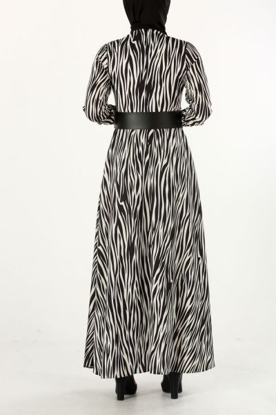 Zebra Desenli Kemerli Elbise