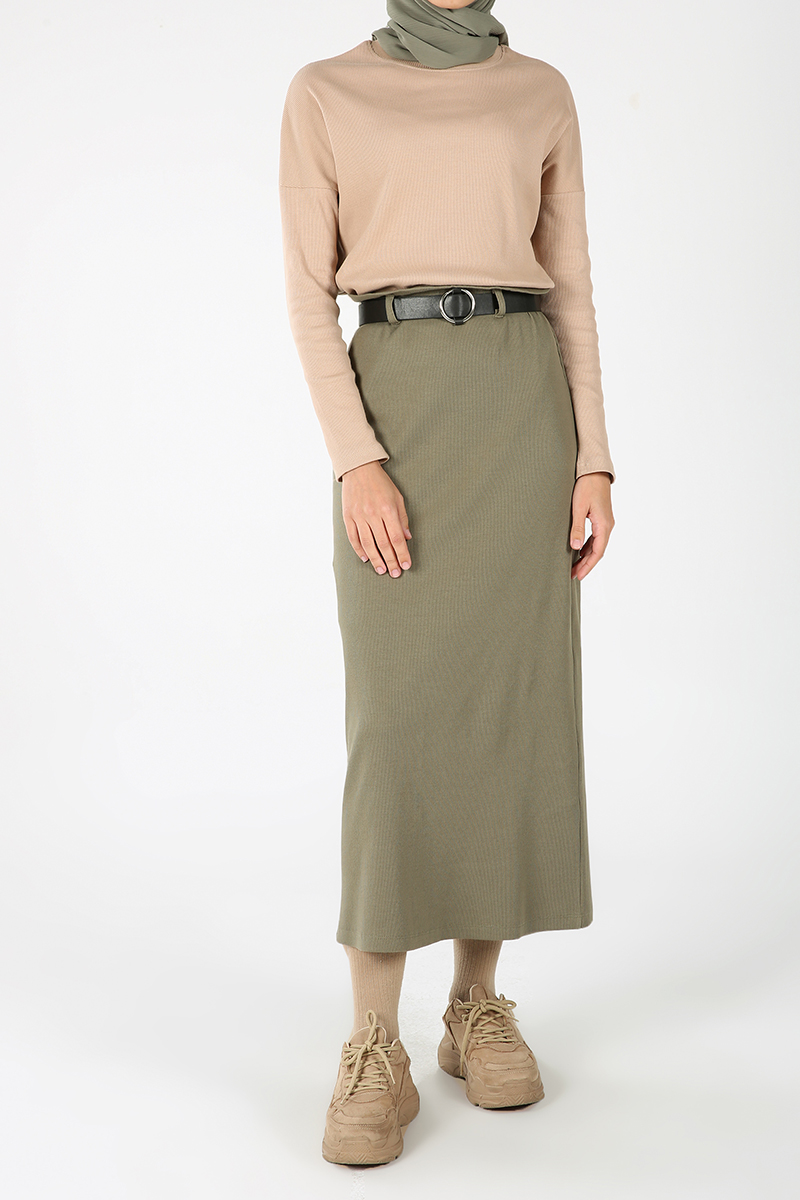 Elastic Waist Belted Skirt