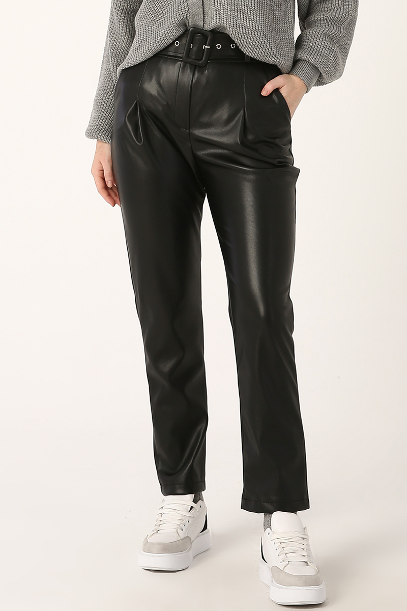 Self Belted Leather Look Pants