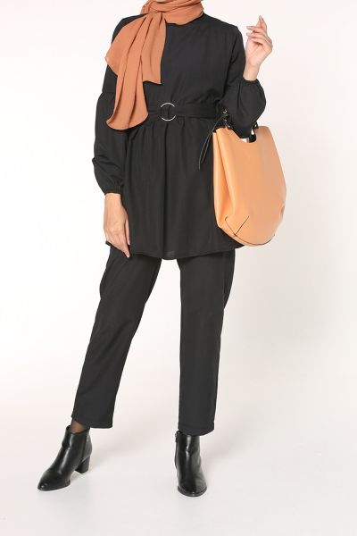 Self Belted Lantern Sleeve Blouse and Pants Set