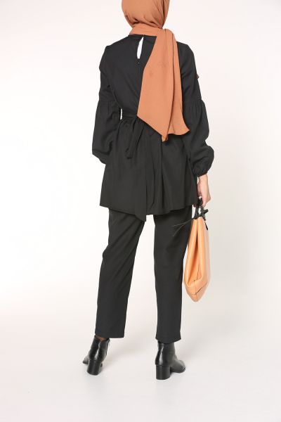 Self Belted Lantern Sleeve Blouse and Pants Set
