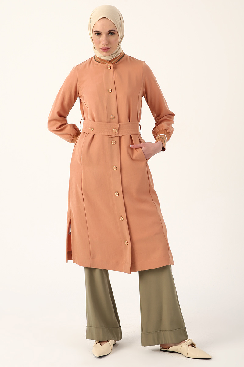 Neck And Sleeve Ribbet Belted Jacket