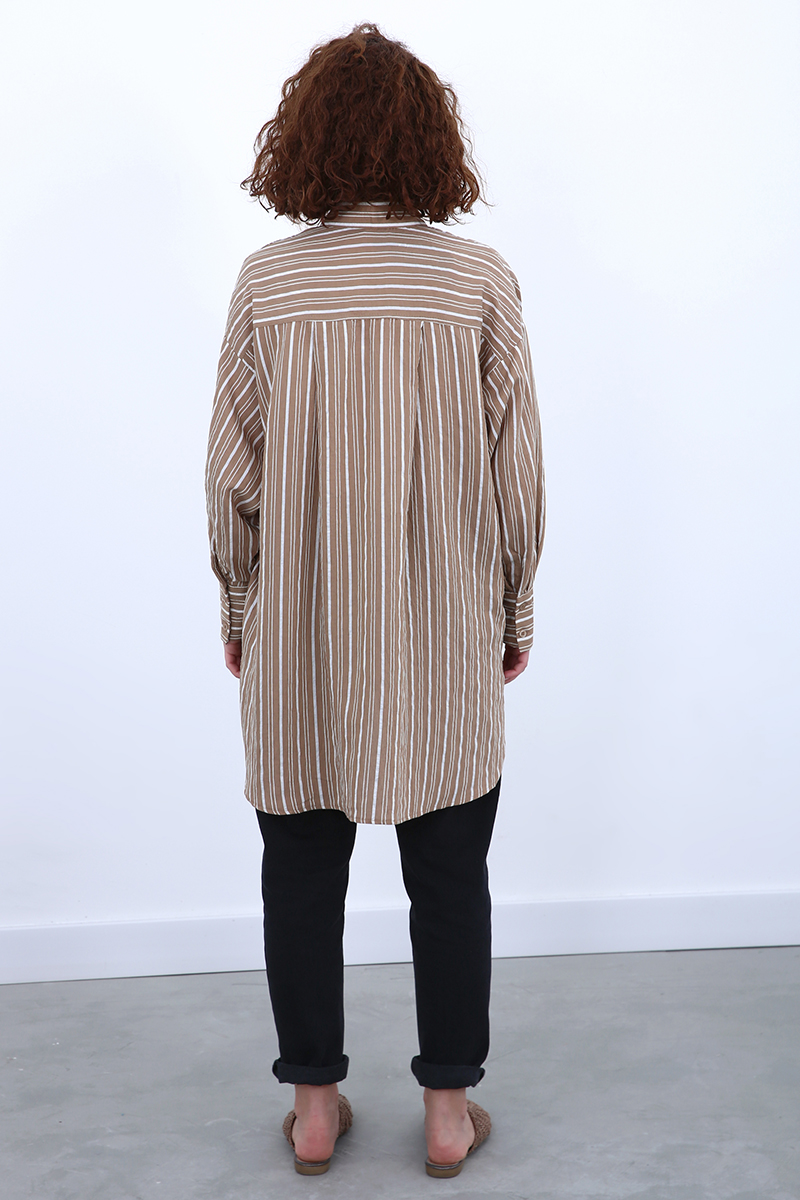 Linen Textured Stripe Shirt Tunic With Pocket