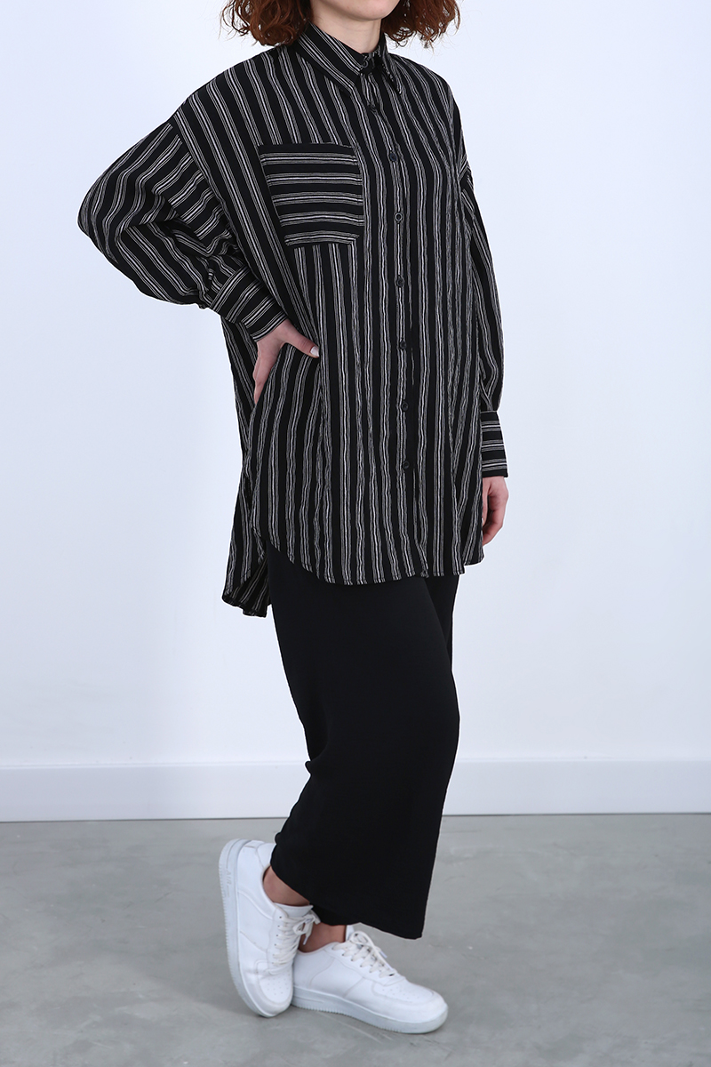 Linen Textured Stripe Shirt Tunic With Pocket