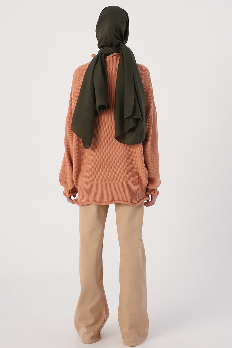 Corrugated Neck And Sleeve Detail Oversize Knitwear Pullover