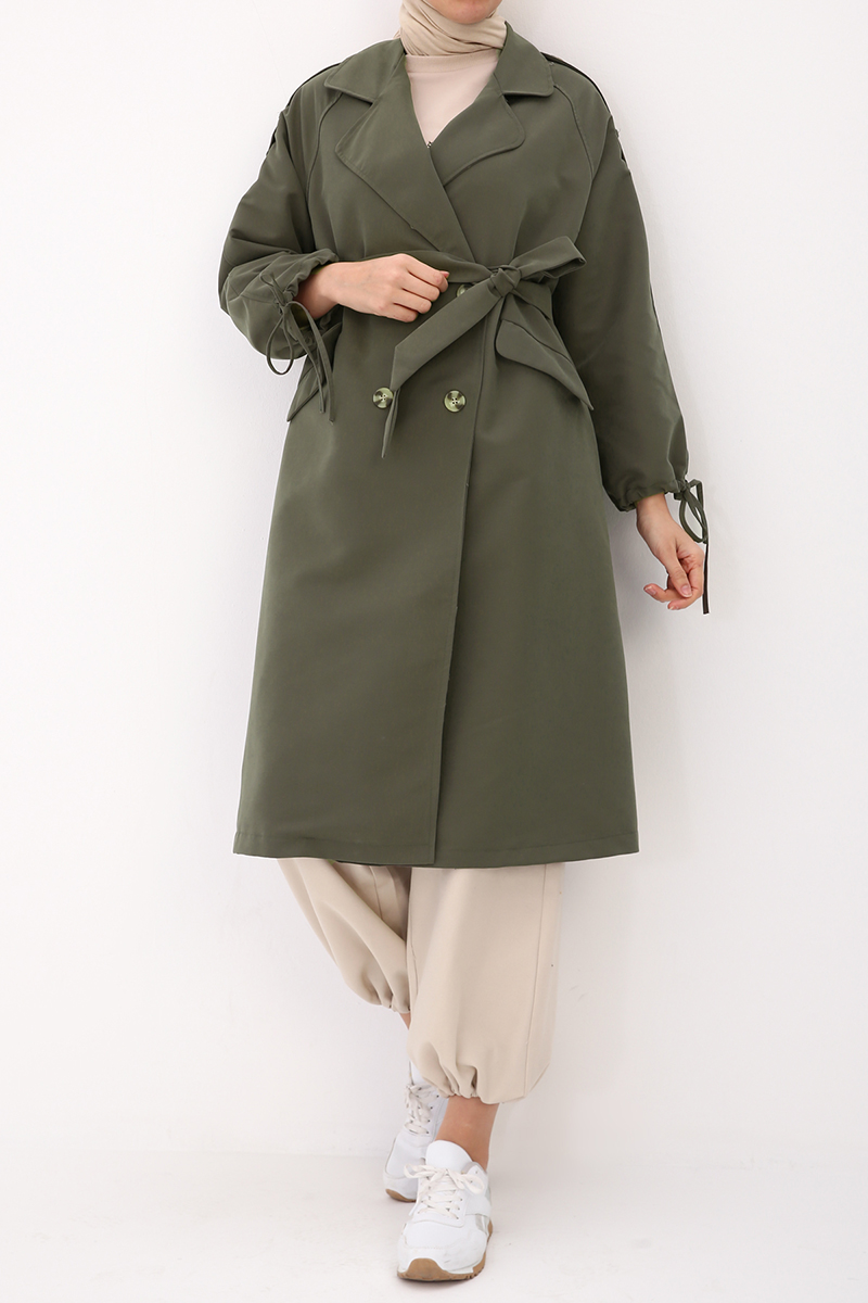 Notched Shawl Collar  Sleeve Detailed Belted Trenchcoat