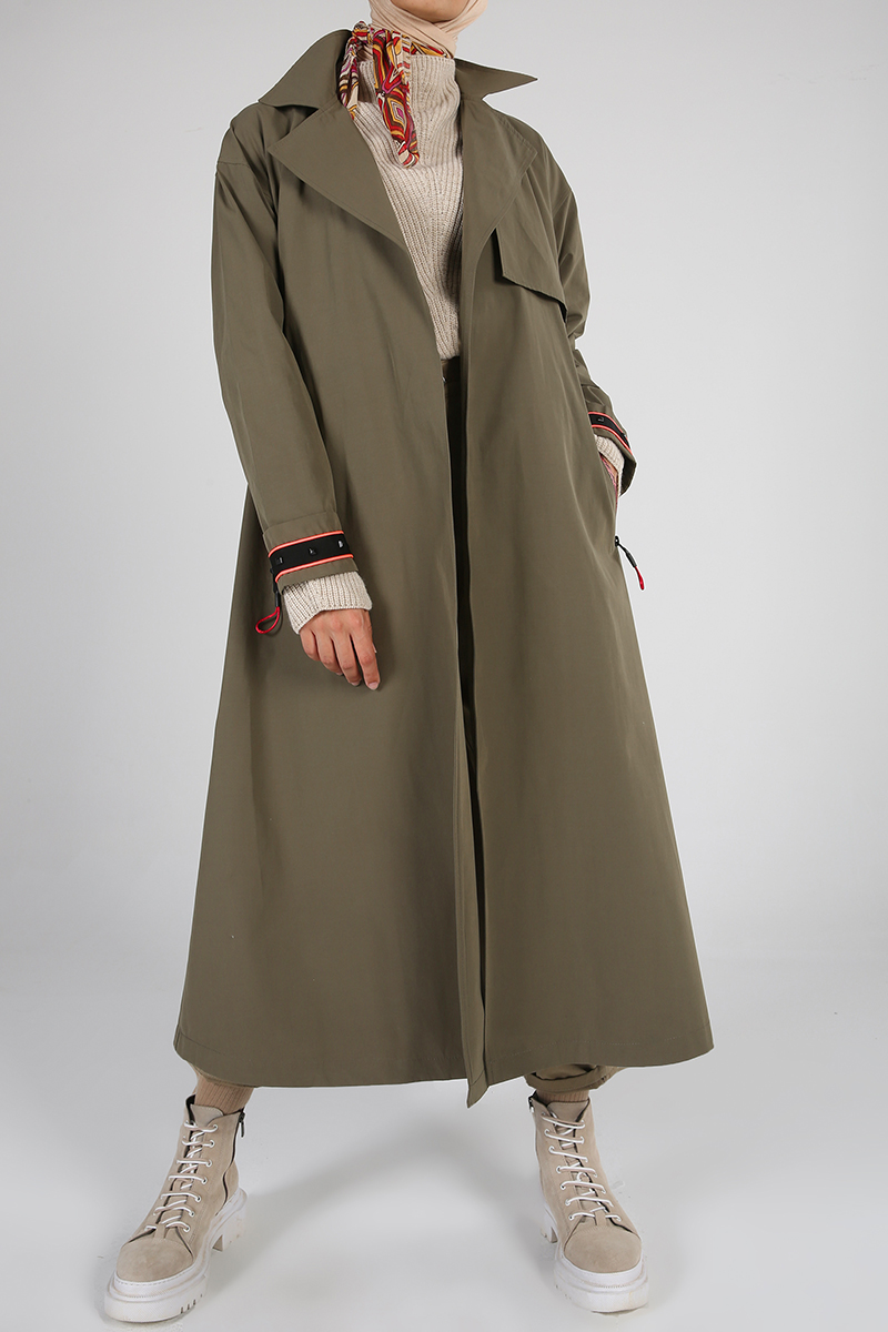 Zippered Striped Belted Trench Coat