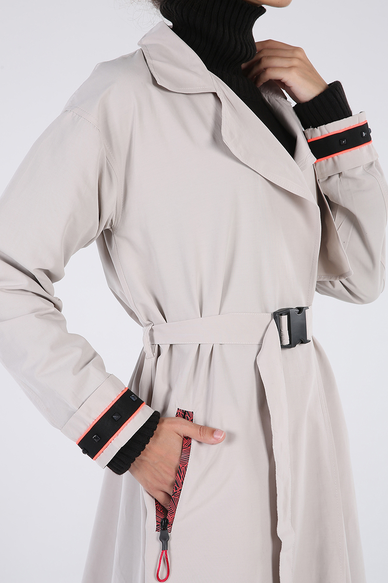 Zippered Striped Belted Trench Coat