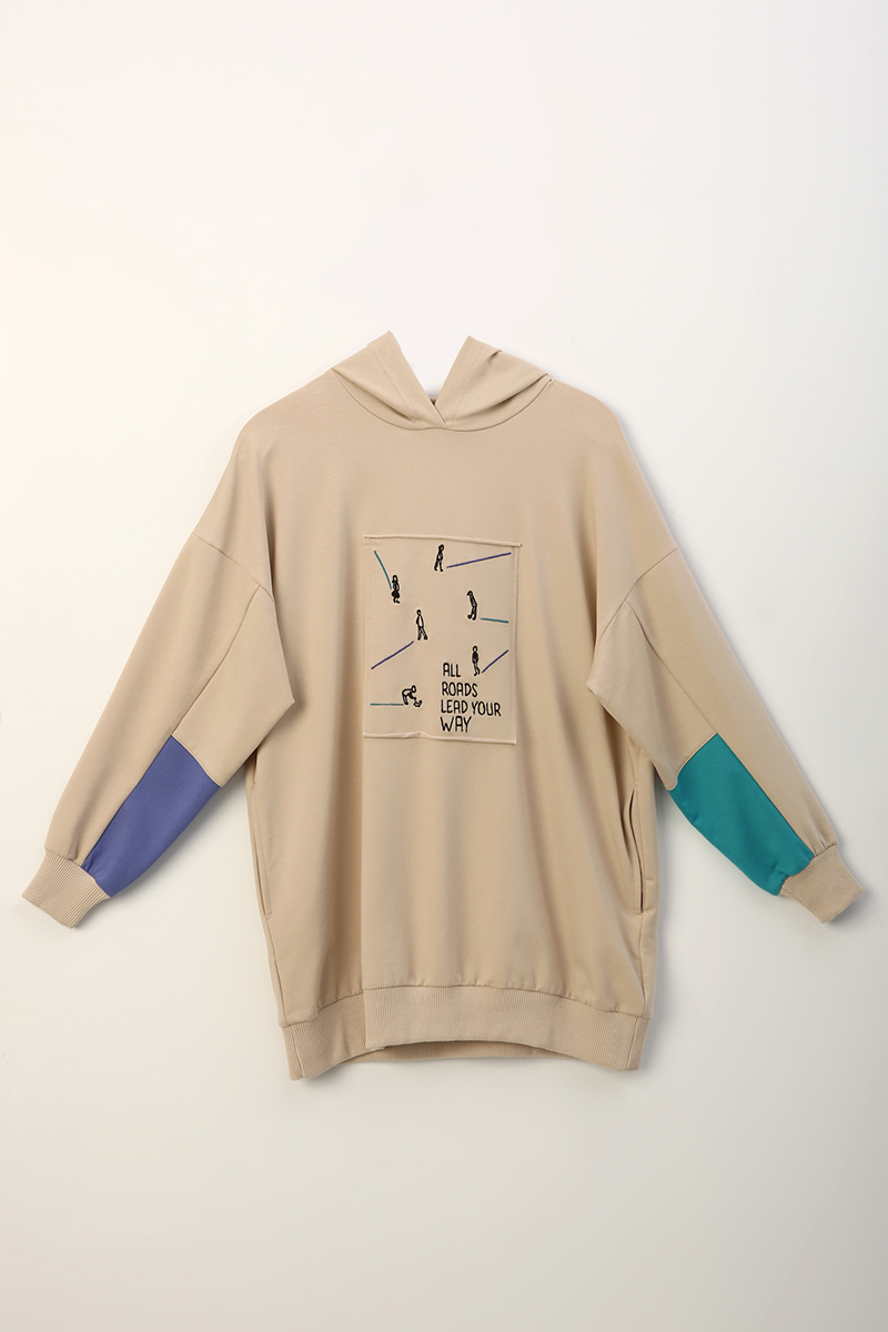 Sleeve Detailed Embroidered Sweatshirt Tunic