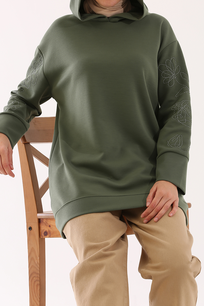 Embroidered Sleeve Hooded Sweatshirt Tunic