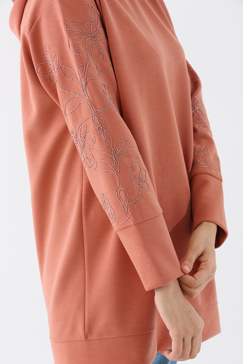Embroidered Sleeve Hooded Sweatshirt Tunic