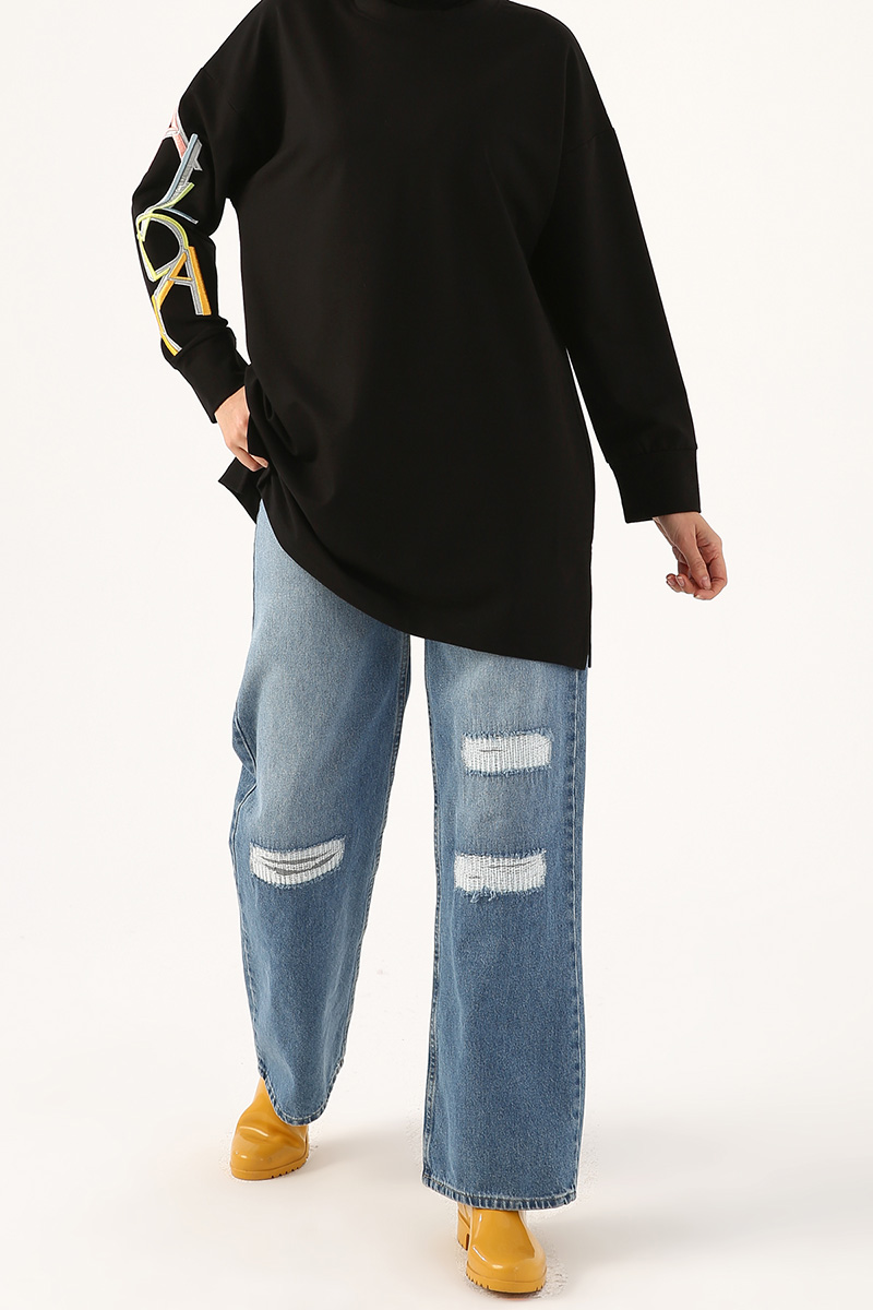 Embroidered Sleeve Detailed Sweatshirt Tunic