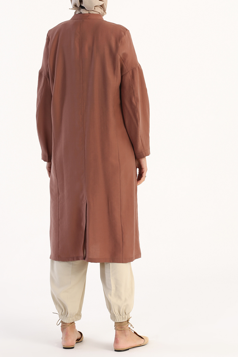 Pleated Sleeve Button Front Tencel Cape