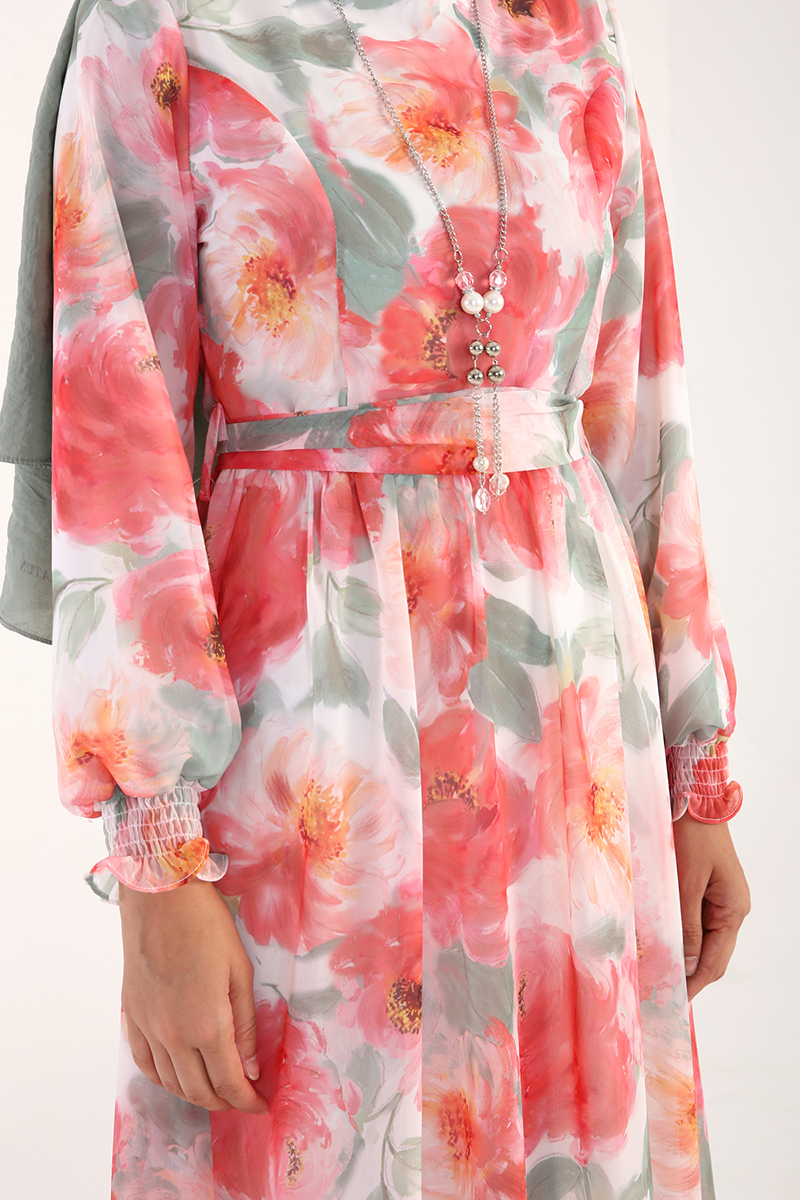 Çiçek Desenli Kol Ucu Gipeli Şifon Elbise