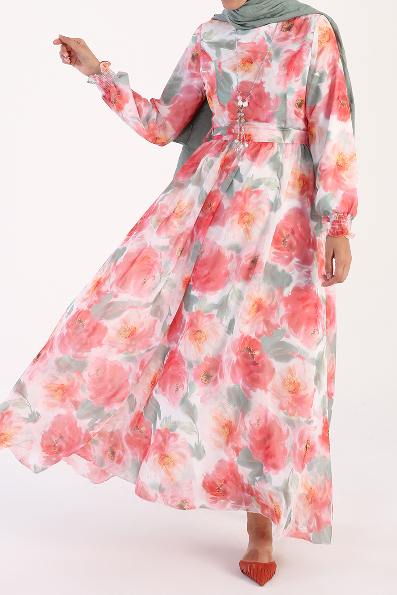 Çiçek Desenli Kol Ucu Gipeli Şifon Elbise