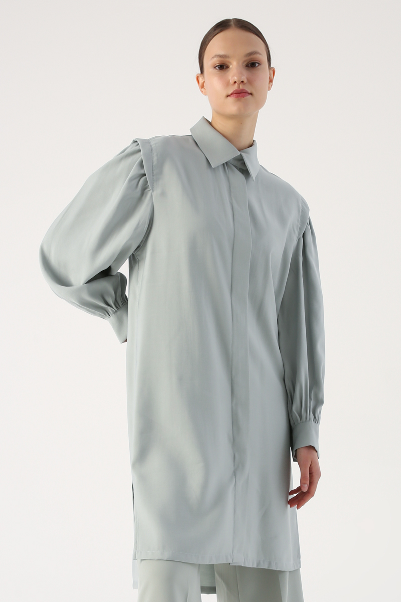Sleeves Pleated Slit Shirt Tunic