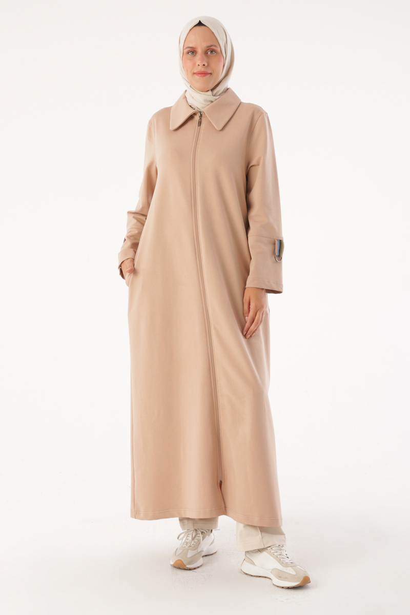 Zippered Knitted Abaya with Striped Sleeves