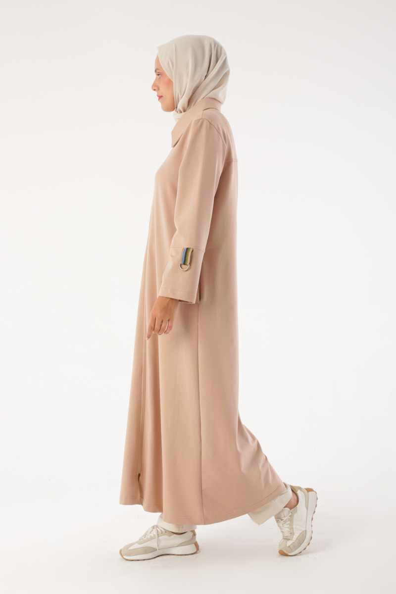 Zippered Knitted Abaya with Striped Sleeves