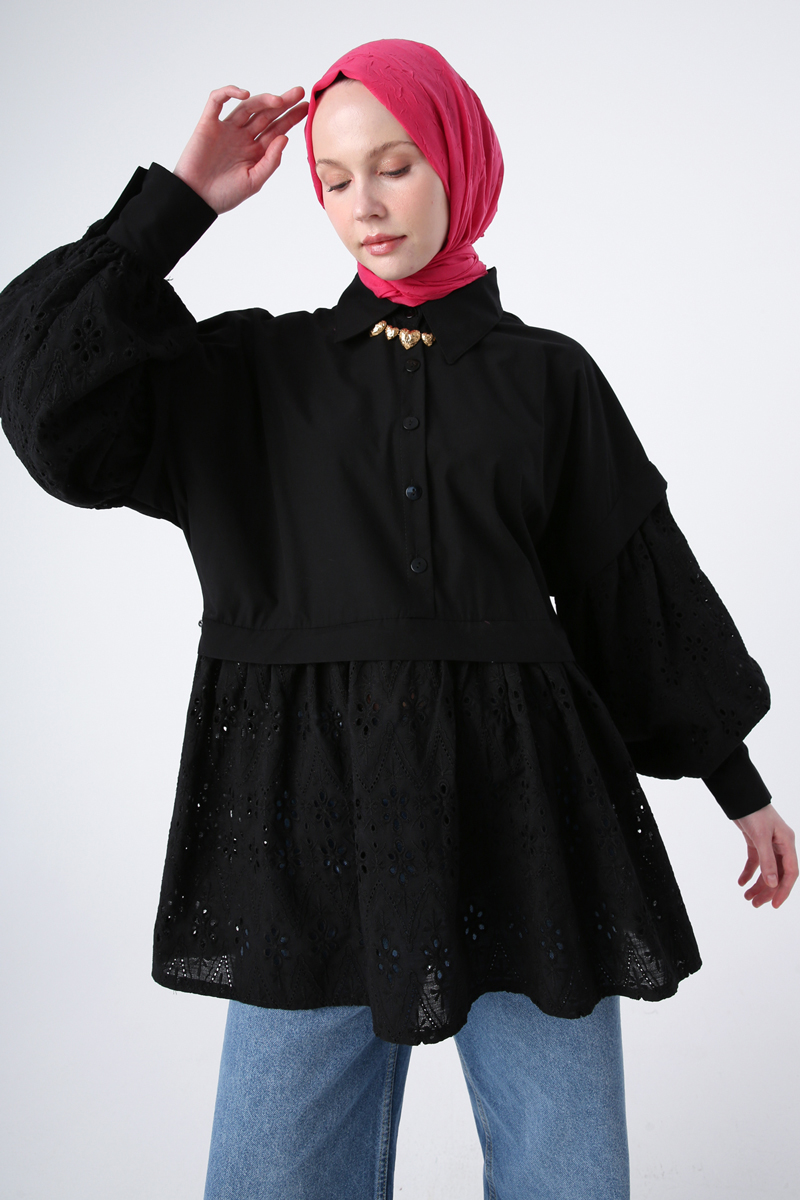 Half-Pleated Oversize Shirt With Scalloped Sleeves And Skirts