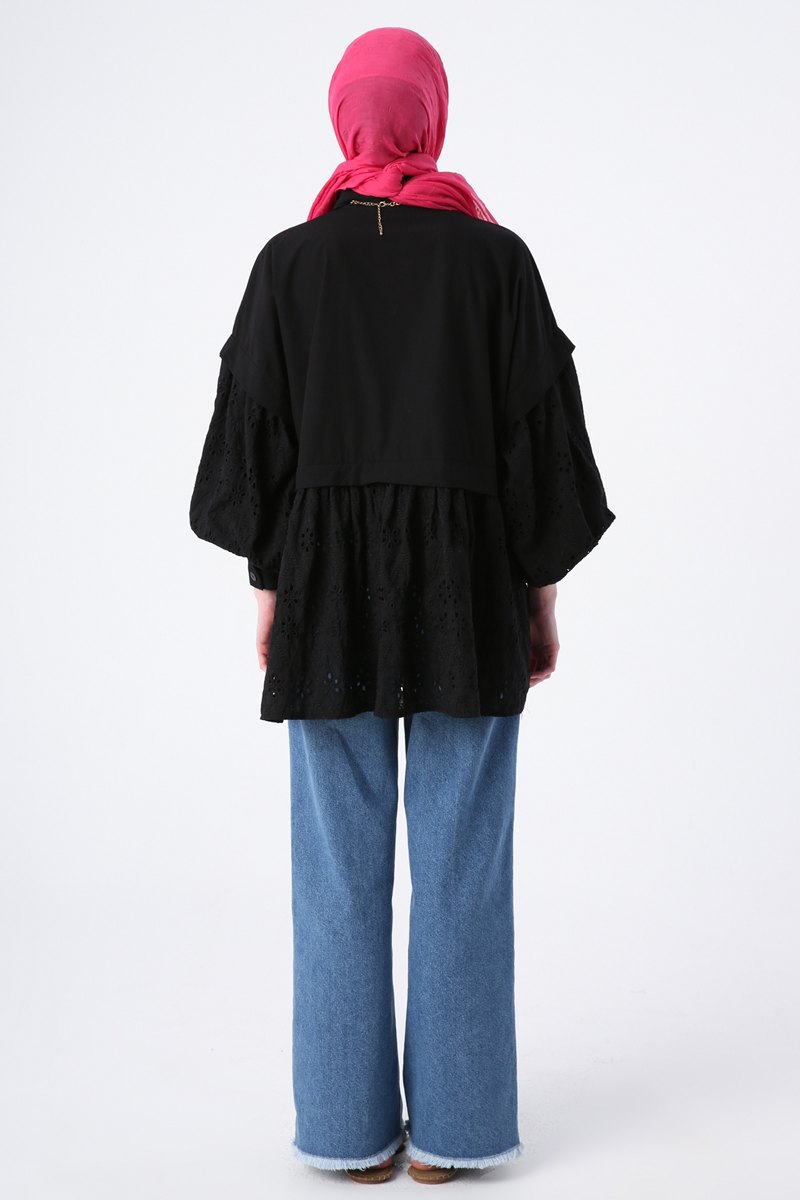 Half-Pleated Oversize Shirt With Scalloped Sleeves And Skirts