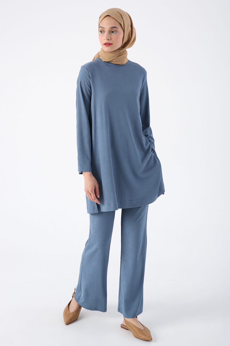 Sleeves And Side Slits Crew Neck Pocket Tunic Trousers Set