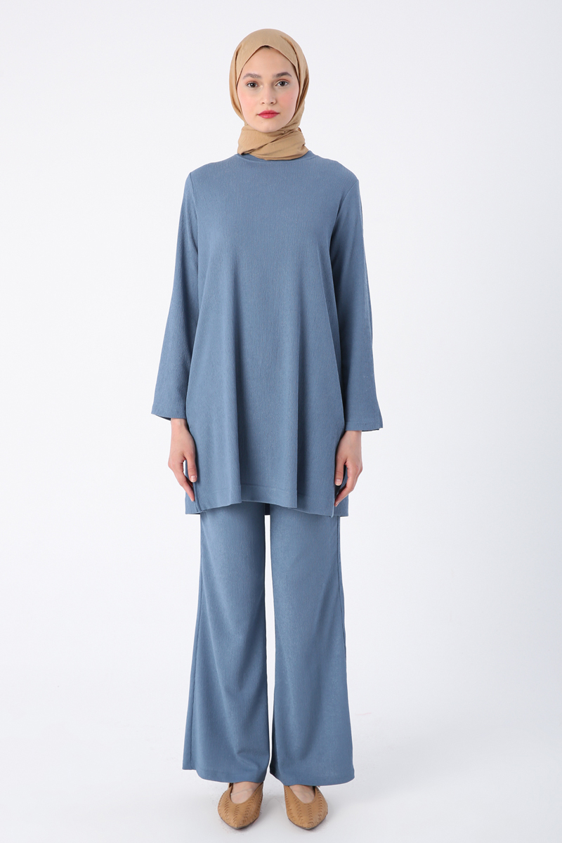 Sleeves And Side Slits Crew Neck Pocket Tunic Trousers Set