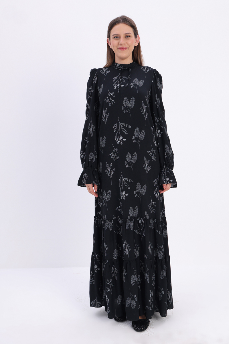 Patterned Dress With Shirred Sleeves
