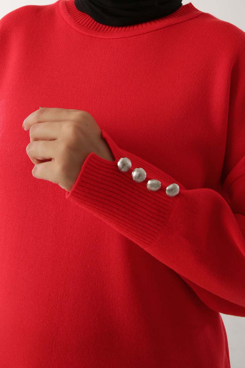 Buttoned Sleeve Acrylic Knitwear Tunic