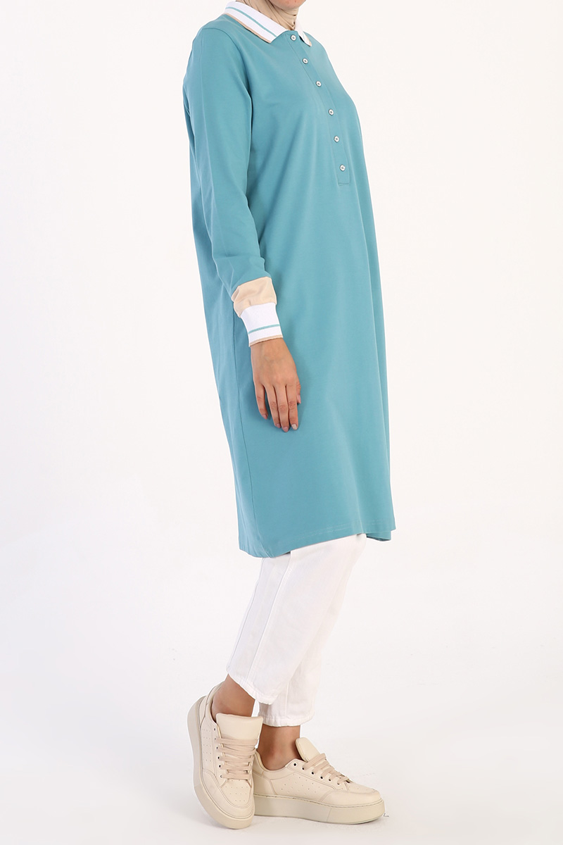 Polo Neck Button Front Sleeve Detailed Tunic