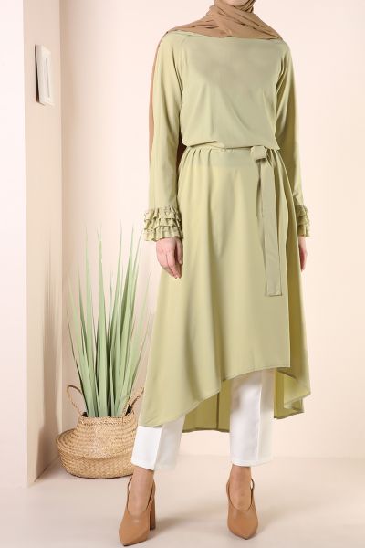 Asymmetric Belted Cuff Detailed Tunic With Necklace