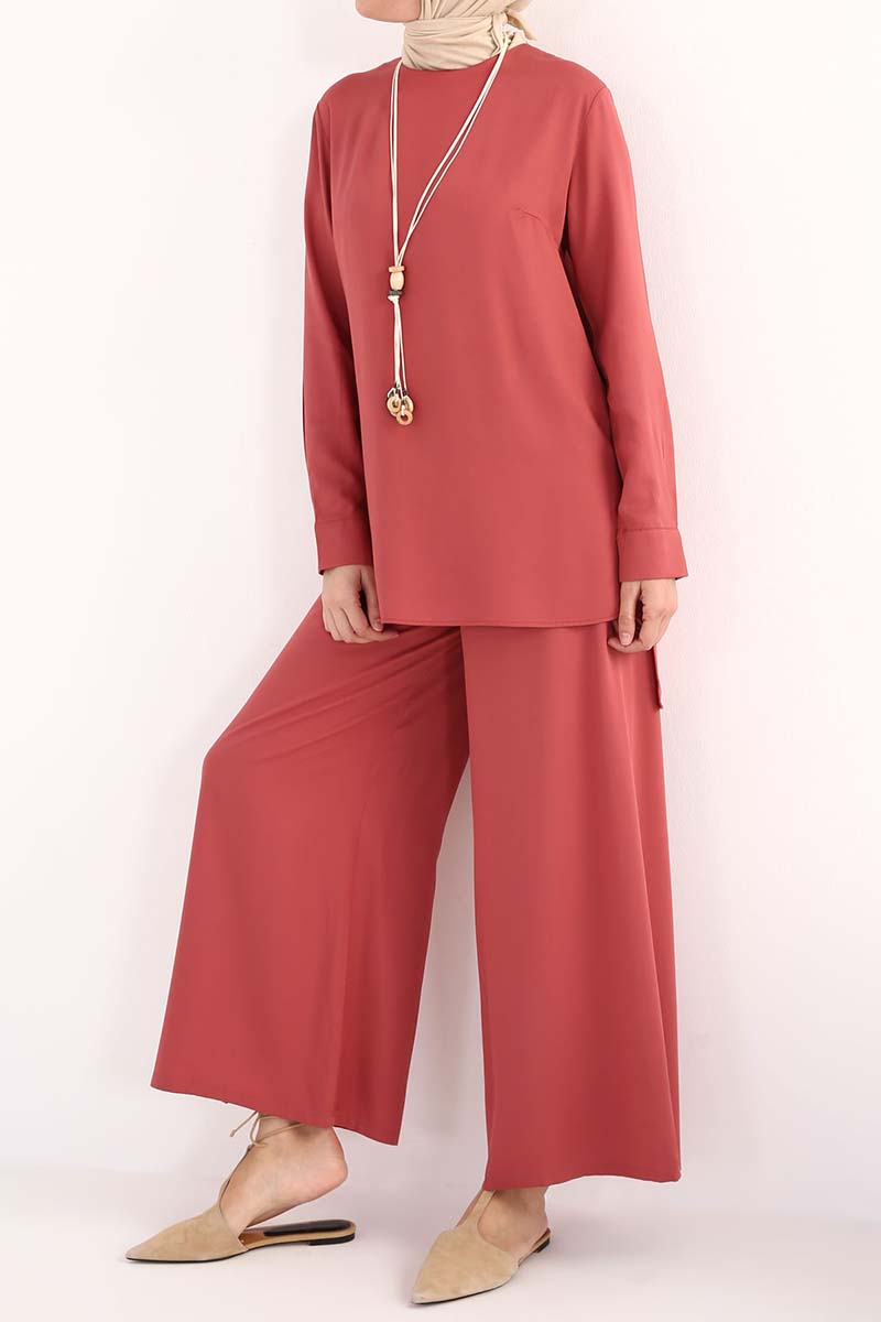 Viscose Blouse and Pants 2 Pieces Set With Necklace
