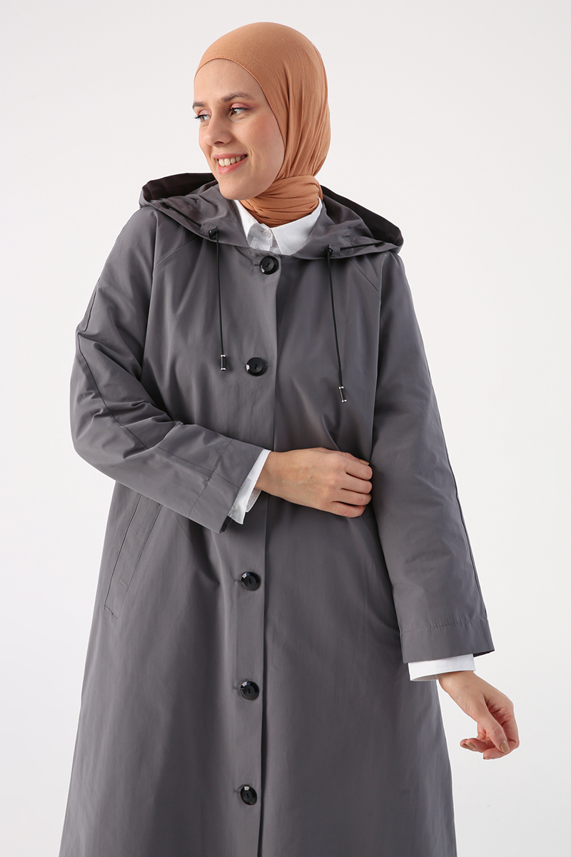 Contrast Accessory Hooded Buttoned Trench Coat