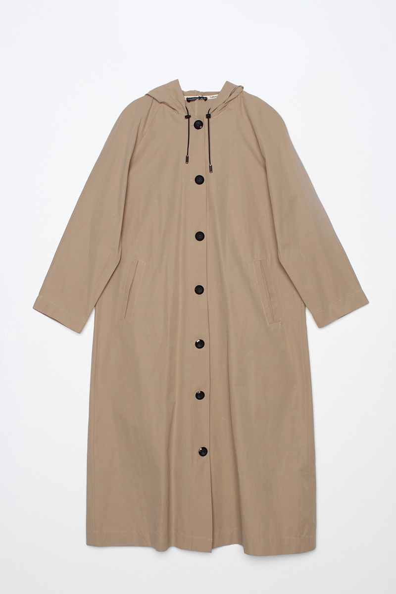 Contrast Accessory Hooded Buttoned Trench Coat