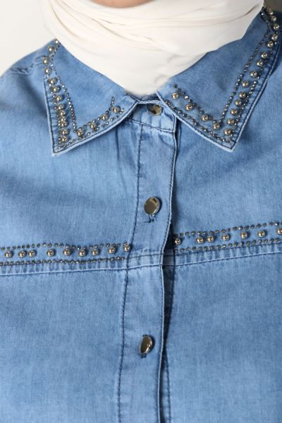 Bead Detailed Denim Shirt Tunic