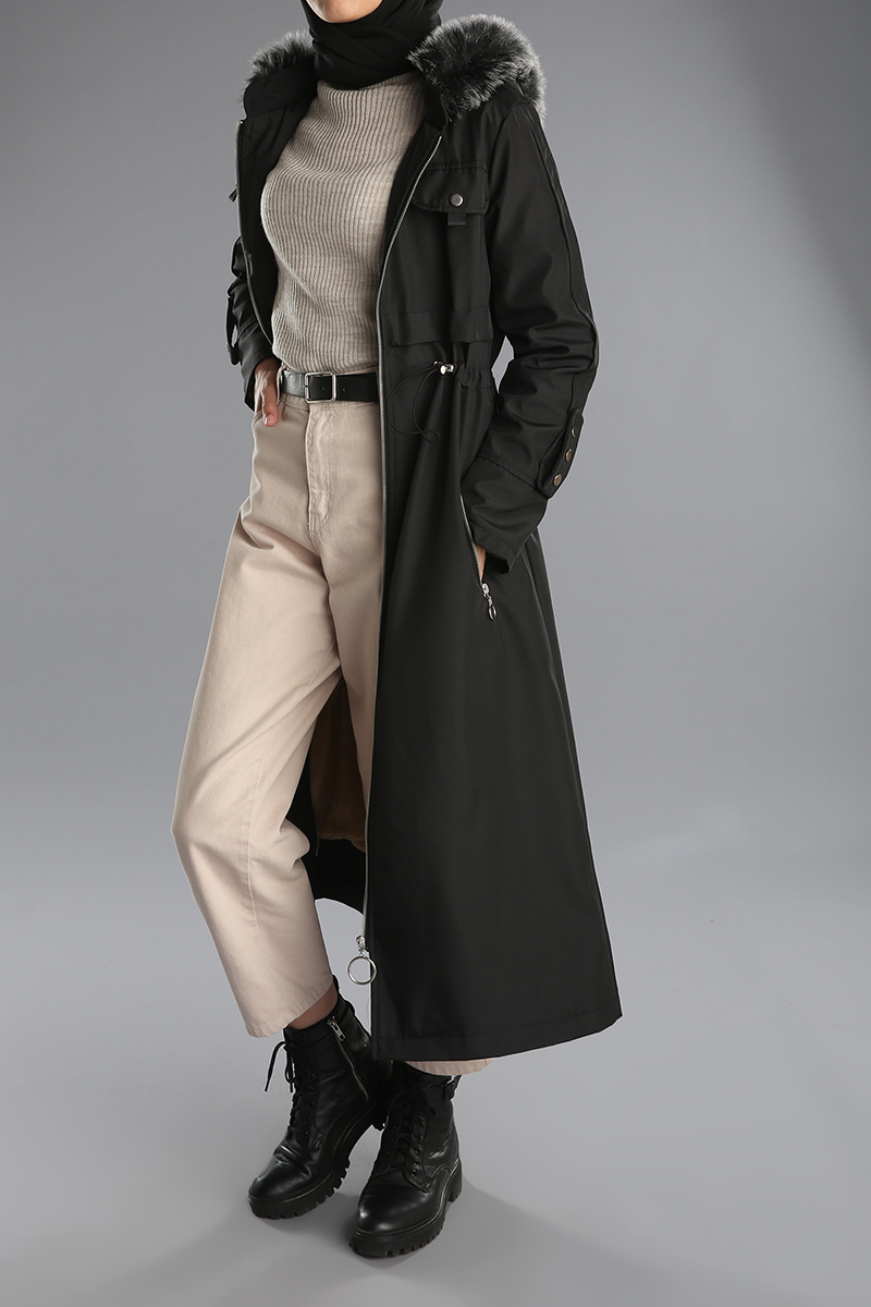 Fur Detailed Hooded Coat