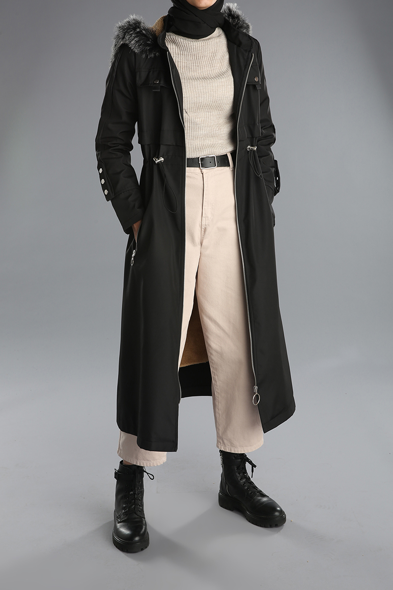 Fur Detailed Hooded Coat