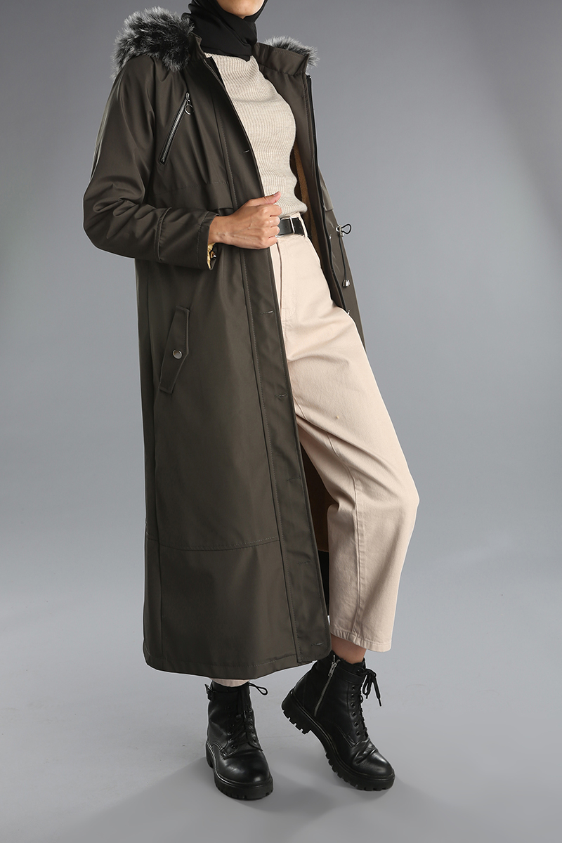 Fur Detail Hooded Buttoned Pocket Coat