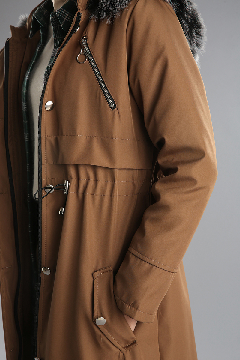 Fur Detail Hooded Buttoned Pocket Coat