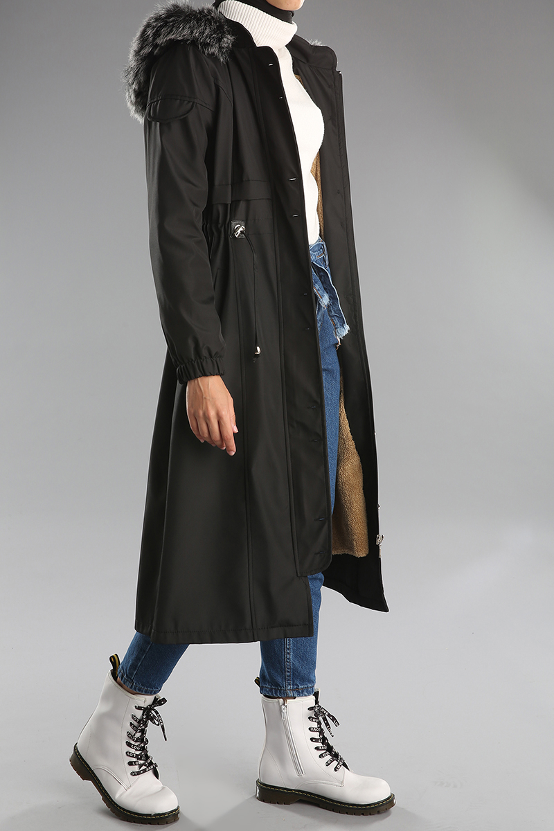 Fur Detail Hooded Coat