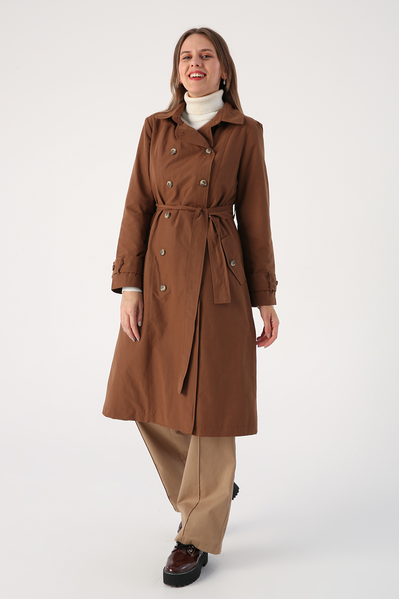 Breasted Collar Self Belted Lined Trench Coat