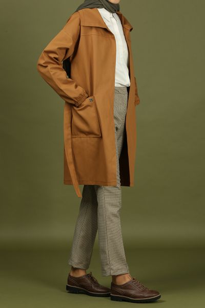 Belted Natural Fabric Tenchcoat With Pocket