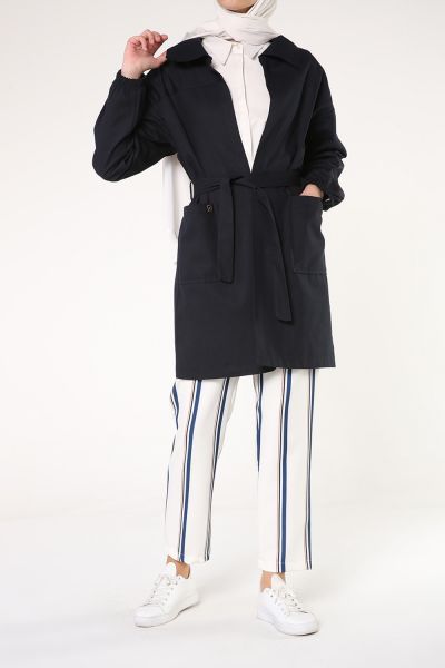 Belted Natural Fabric Tenchcoat With Pocket