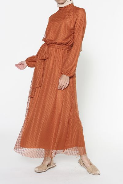 Peasant Sleeve Tulle Detailed Belted Chic Dress