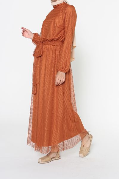 Peasant Sleeve Tulle Detailed Belted Chic Dress