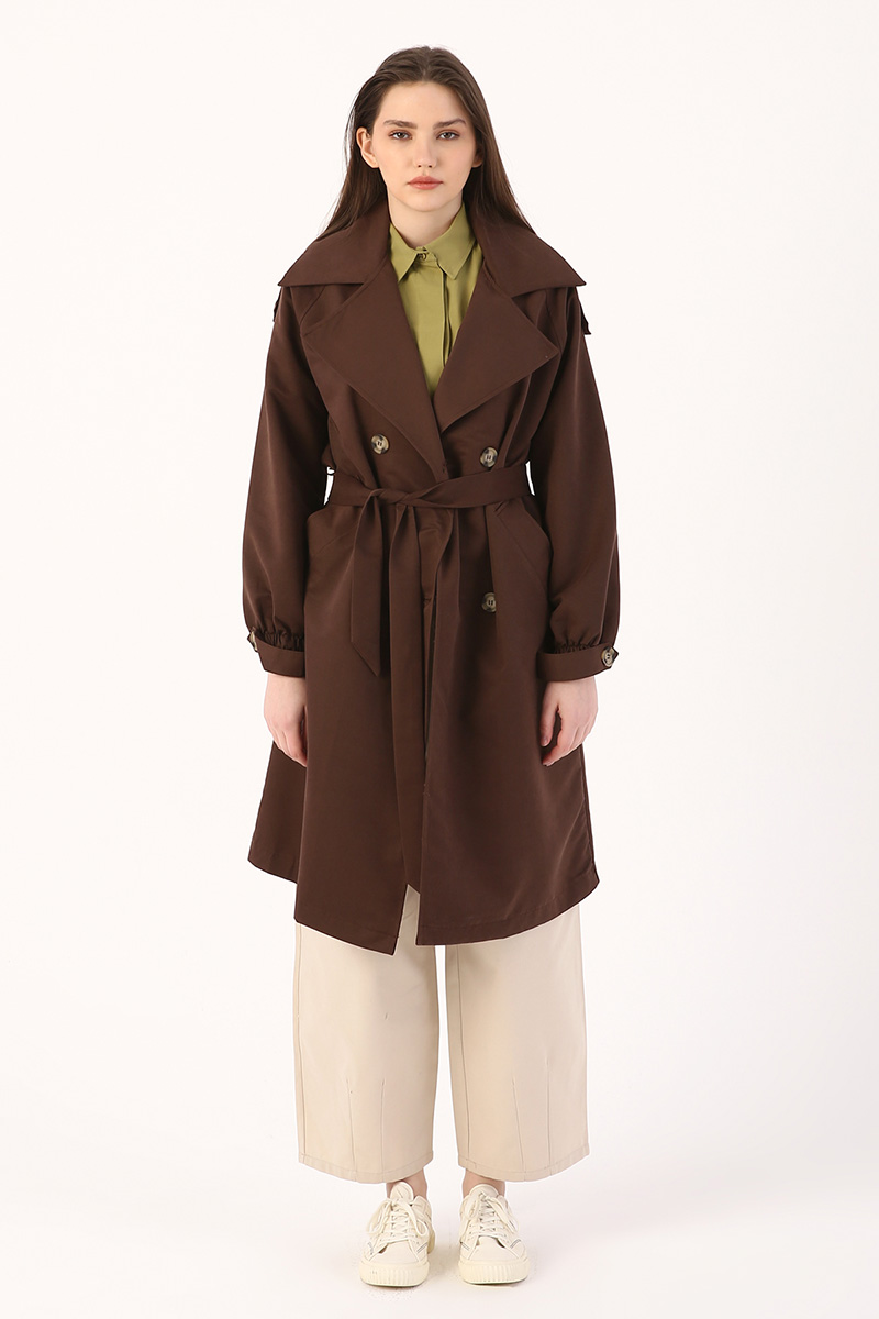 Self Belted Sleeve Shirring Trench Coat
