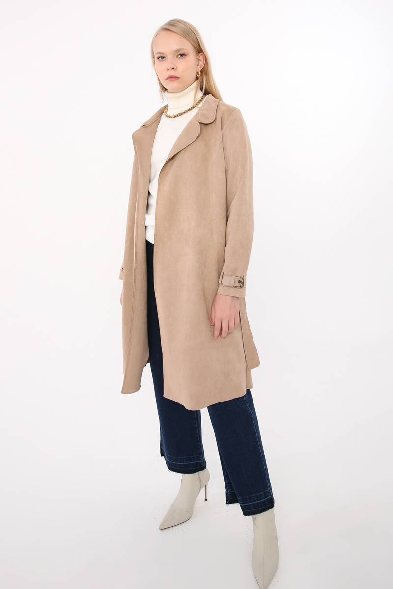 Suede Trench Coat with Belted Sleeves