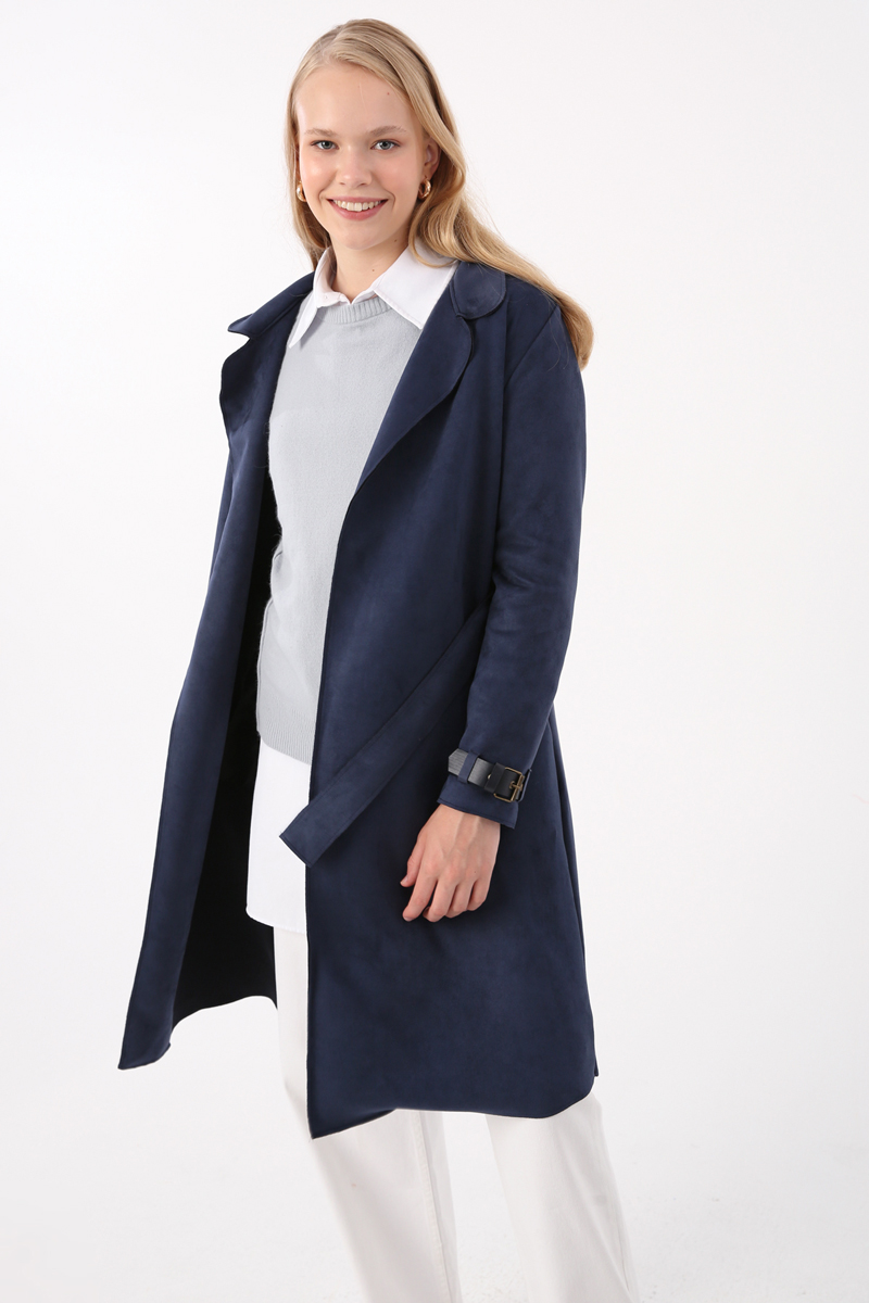 Suede Trench Coat with Belted Sleeves