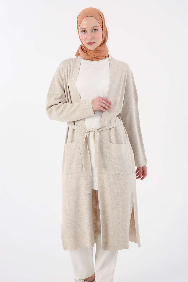 Belted Sweater Cardigan with Side Slits and Pockets