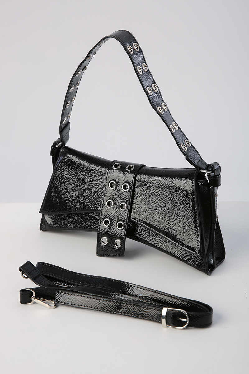 Eyelet Detailed Long And Short Strap Patent Leather Bag