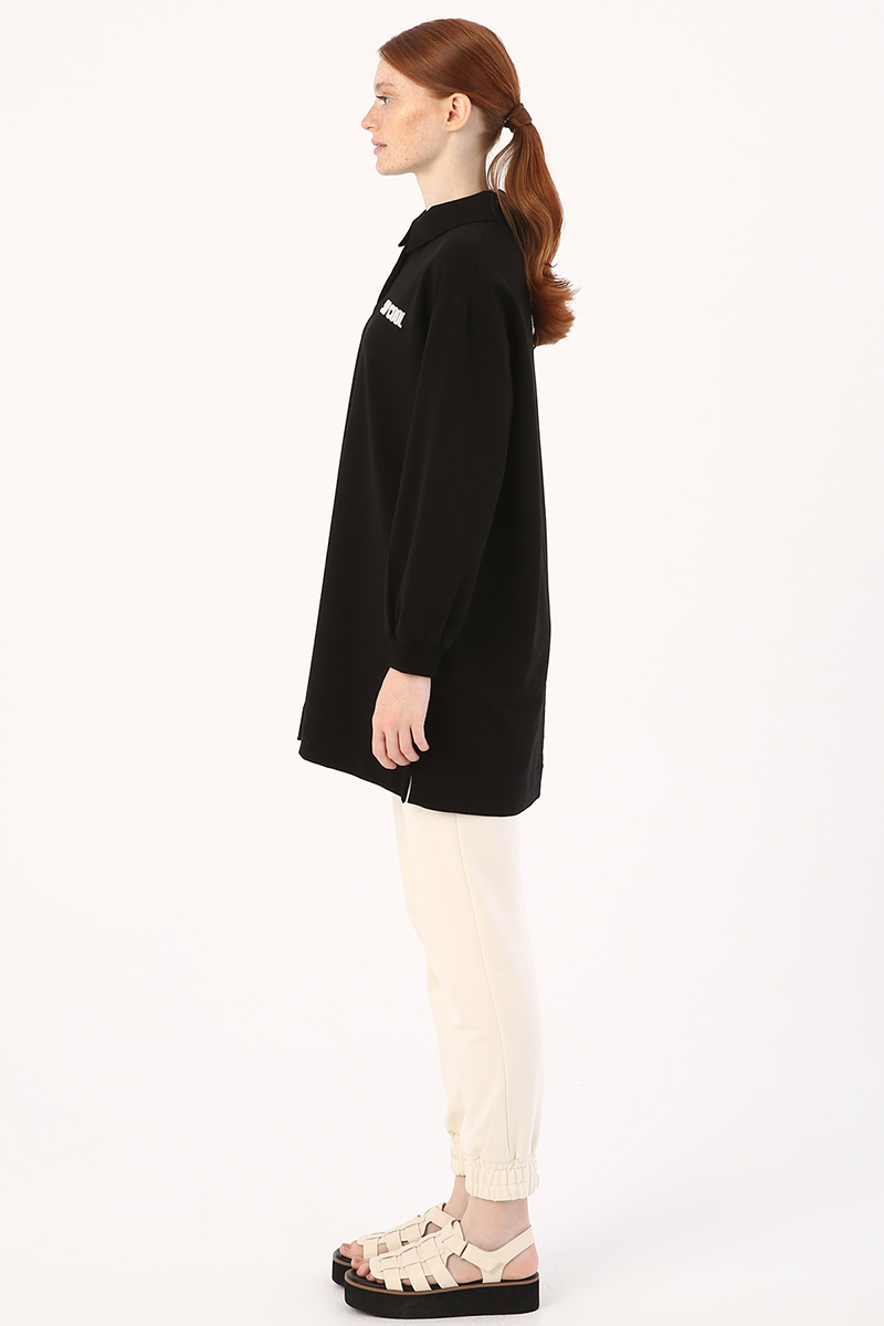 Oversize Embroidered Polo Neck Sweat Tunic